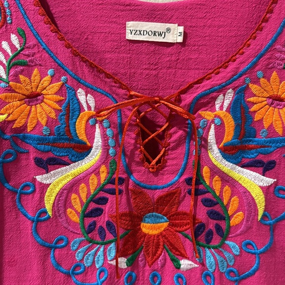 Mexican Embroidered Fiesta Dress V Neck Dress Short Sleeve w/ waist tie Size Med - Picture 5 of 9